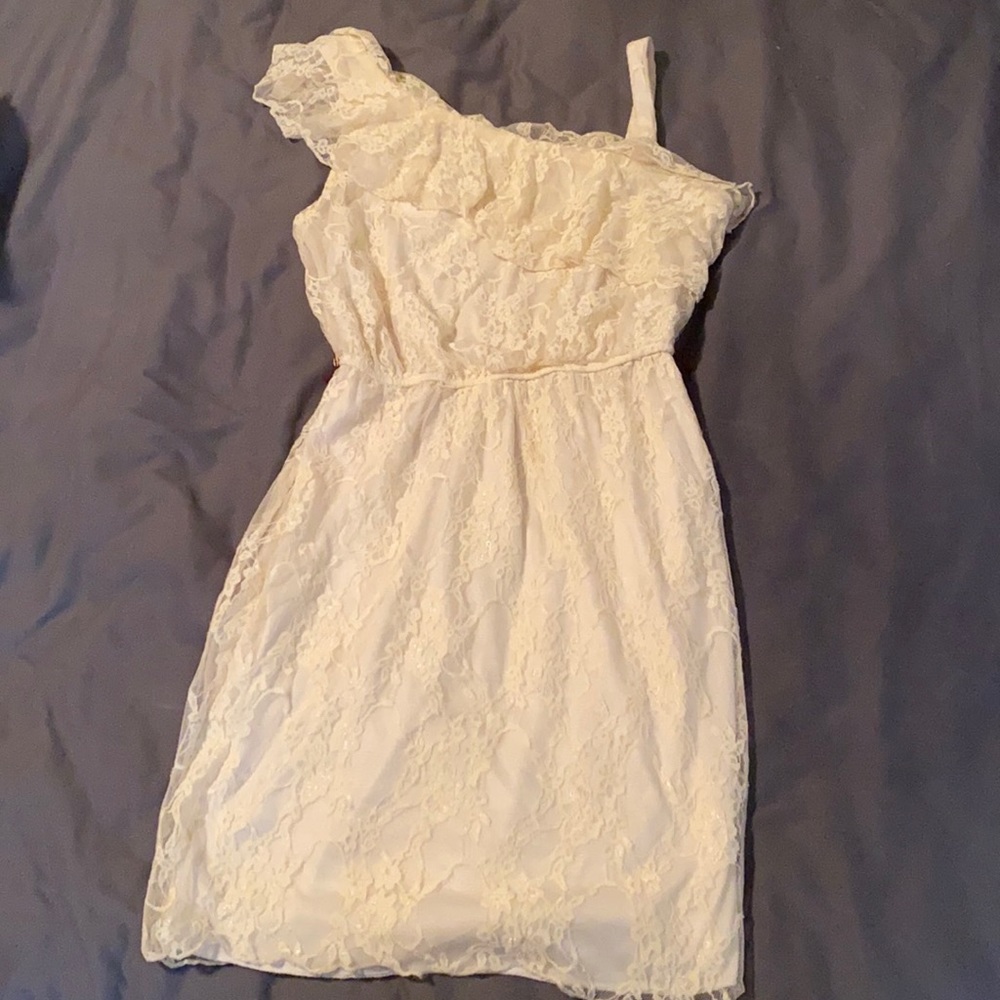 One shoulder ivory lace dress